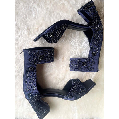 Modanta Navy Blue Embroidered Heels