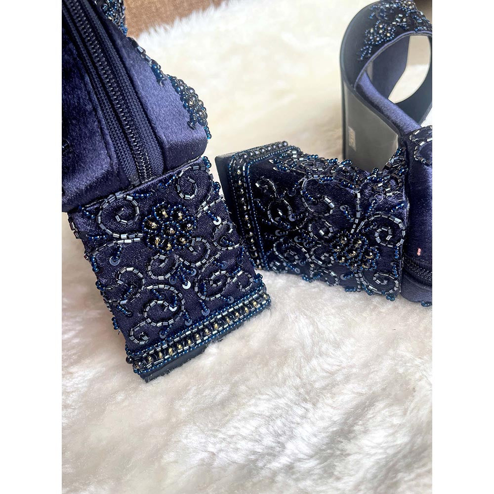 Modanta Navy Blue Embroidered Heels