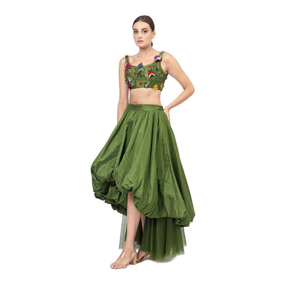 MODO CALDO Womens Embroidered Green Crop Top with Skirt and Trail