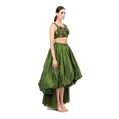 MODO CALDO Womens Embroidered Green Crop Top with Skirt and Trail