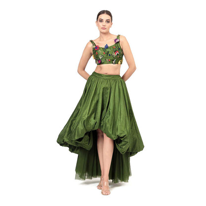 MODO CALDO Womens Embroidered Green Crop Top with Skirt and Trail