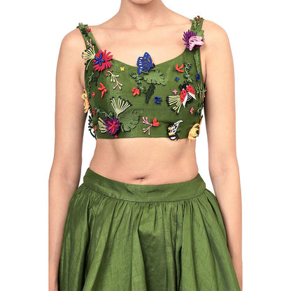 MODO CALDO Womens Embroidered Green Crop Top with Skirt and Trail