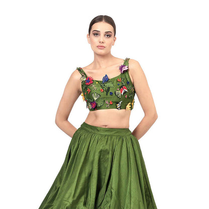 MODO CALDO Womens Embroidered Green Crop Top with Skirt and Trail