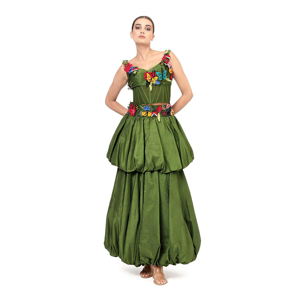 MODO CALDO Womens Embroidered Green Crop Top with Skirt