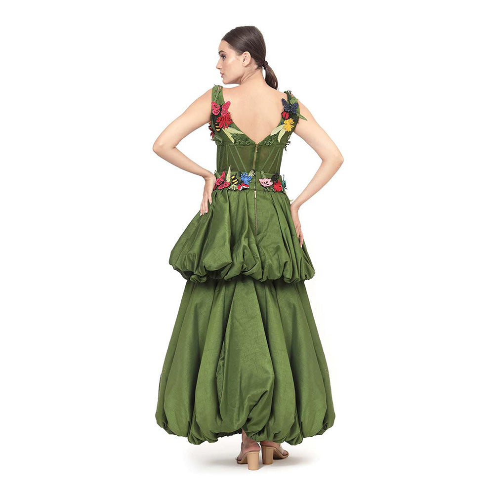 MODO CALDO Womens Embroidered Green Crop Top with Skirt