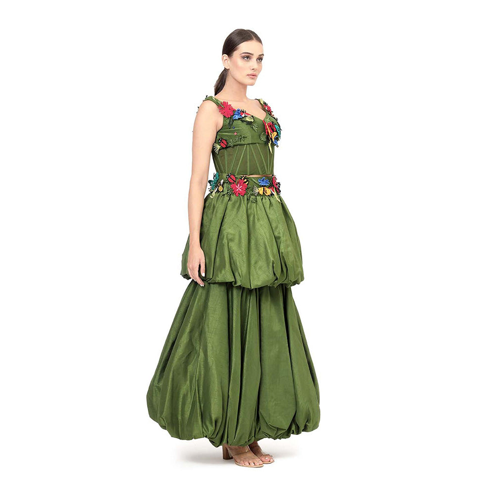 MODO CALDO Womens Embroidered Green Crop Top with Skirt