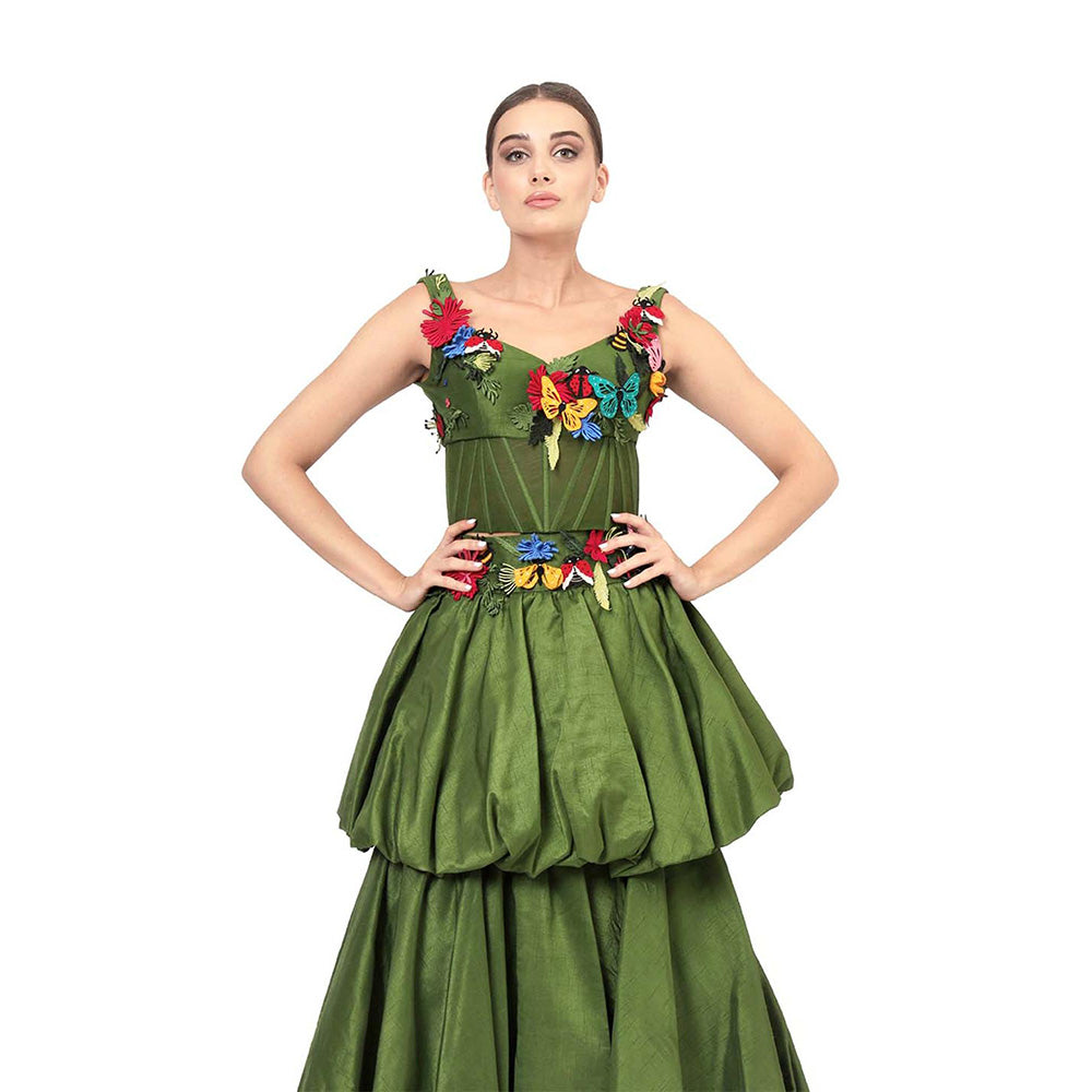 MODO CALDO Womens Embroidered Green Crop Top with Skirt