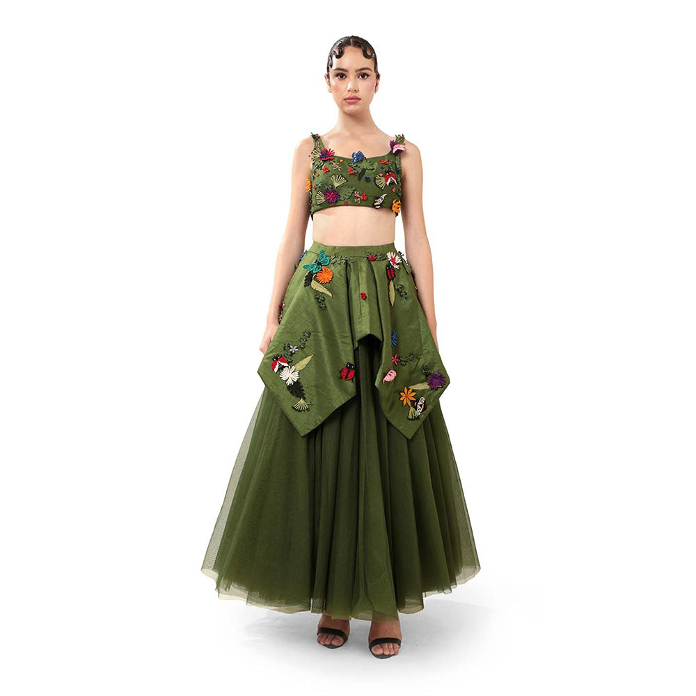 MODO CALDO Womens Embroidered Green Crop Top with Skirt and Peplum