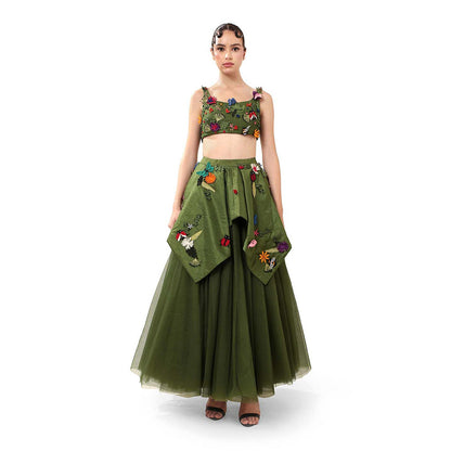 MODO CALDO Womens Embroidered Green Crop Top with Skirt and Peplum