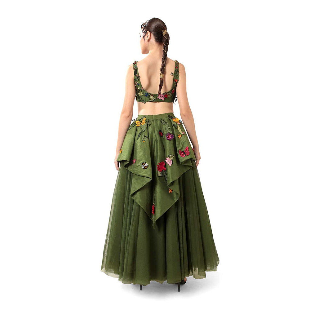 MODO CALDO Womens Embroidered Green Crop Top with Skirt and Peplum