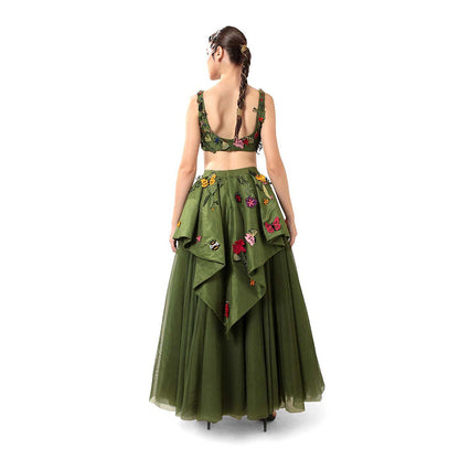 MODO CALDO Womens Embroidered Green Crop Top with Skirt and Peplum