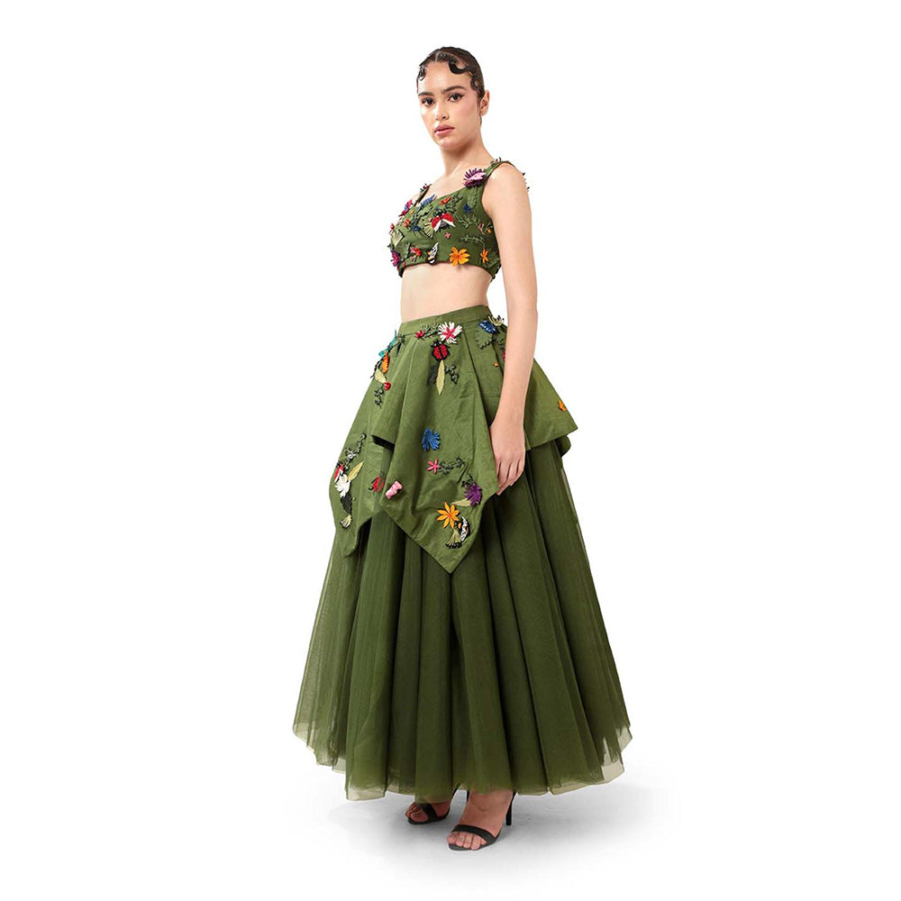 MODO CALDO Womens Embroidered Green Crop Top with Skirt and Peplum