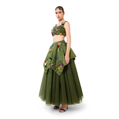 MODO CALDO Womens Embroidered Green Crop Top with Skirt and Peplum