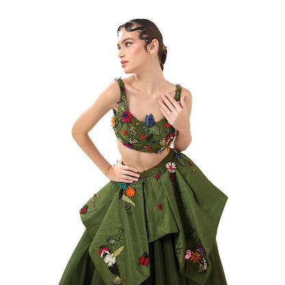 MODO CALDO Womens Embroidered Green Crop Top with Skirt and Peplum