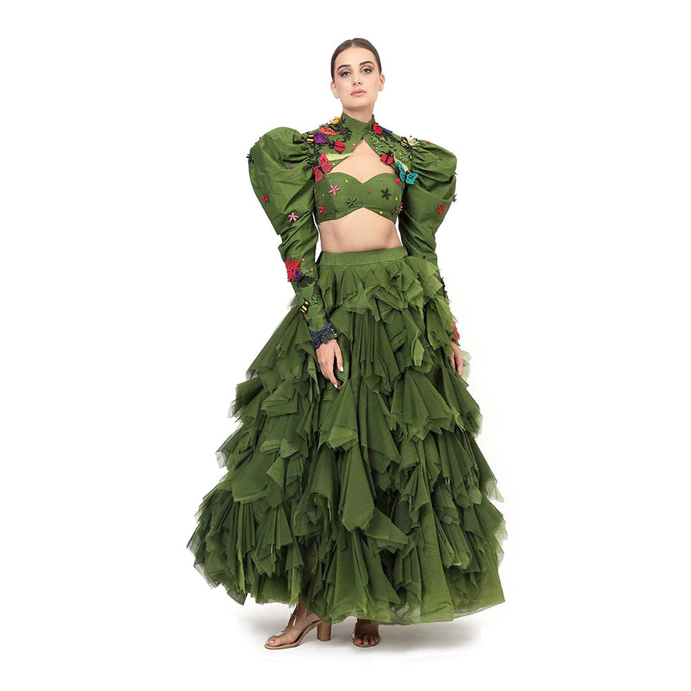 MODO CALDO Womens Embroidered Green Bustier with Skirt and Cape