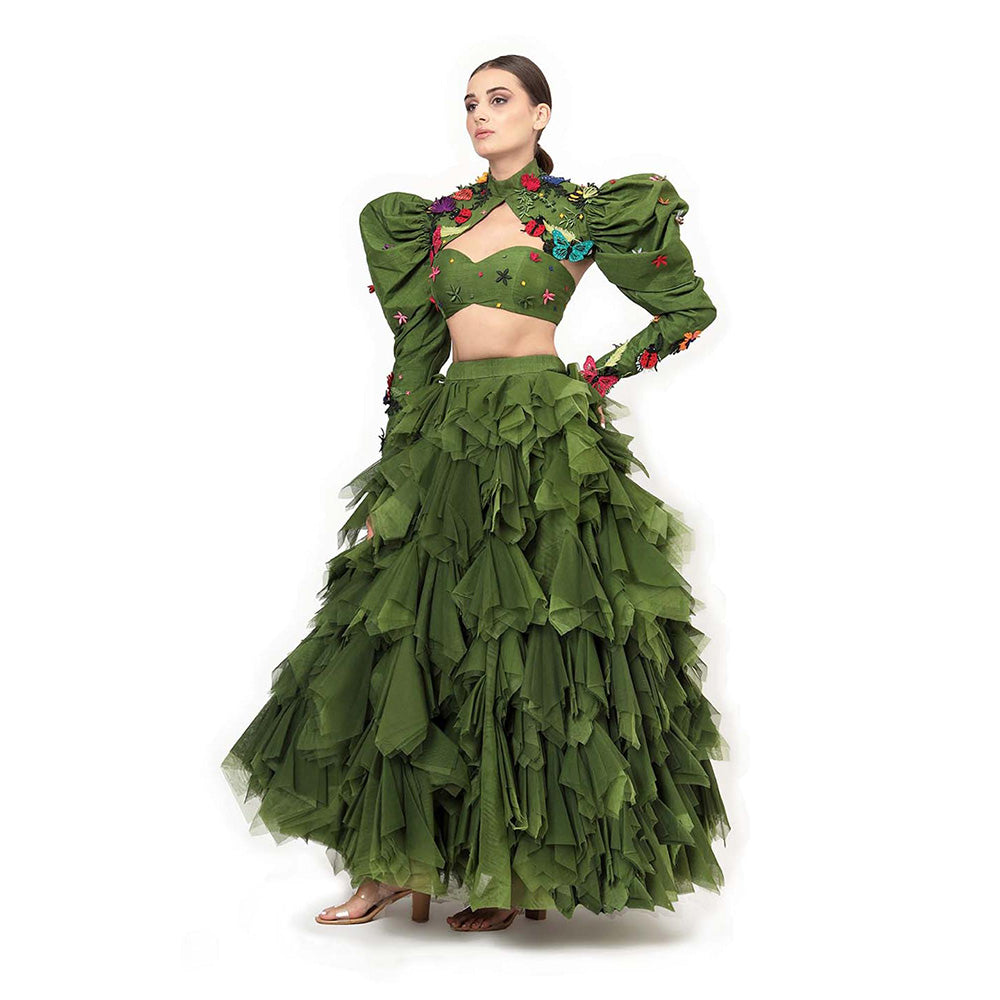 MODO CALDO Womens Embroidered Green Bustier with Skirt and Cape