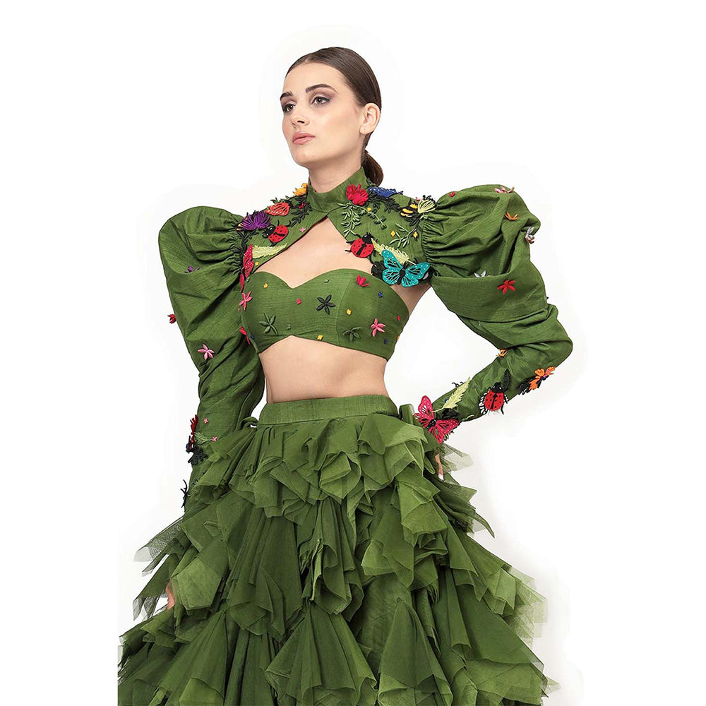 MODO CALDO Womens Embroidered Green Bustier with Skirt and Cape