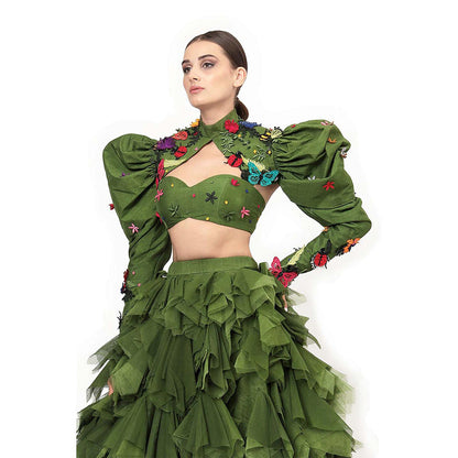 MODO CALDO Womens Embroidered Green Bustier with Skirt and Cape