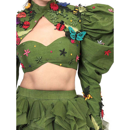 MODO CALDO Womens Embroidered Green Bustier with Skirt and Cape