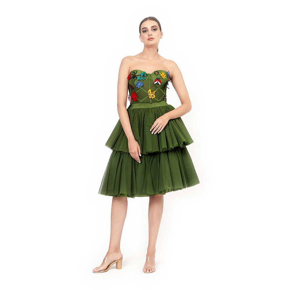 MODO CALDO Womens Embroidered Green Crop Top with Skirt