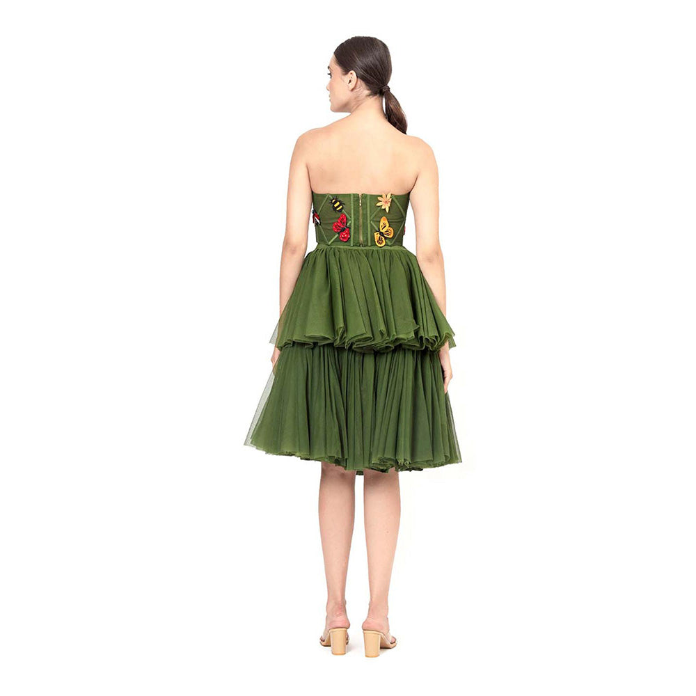 MODO CALDO Womens Embroidered Green Crop Top with Skirt