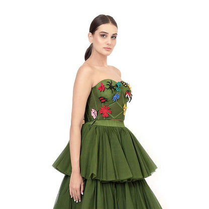 MODO CALDO Womens Embroidered Green Crop Top with Skirt