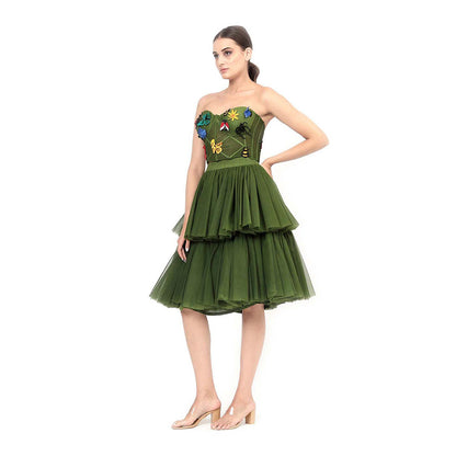 MODO CALDO Womens Embroidered Green Crop Top with Skirt