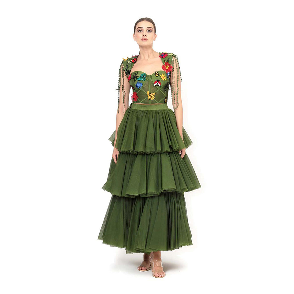 MODO CALDO Womens Embroidered Green Crop Top with Skirt and Cape
