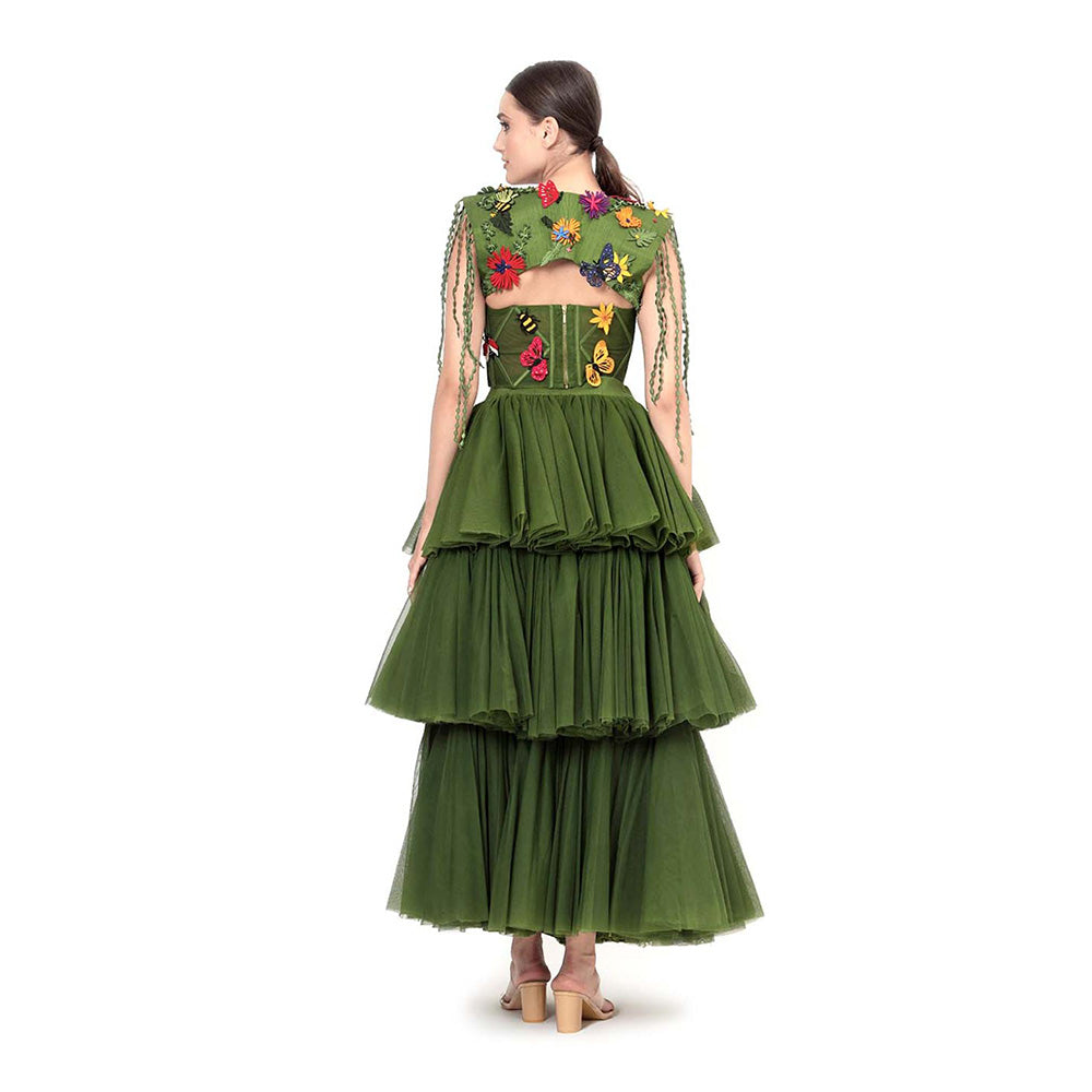 MODO CALDO Womens Embroidered Green Crop Top with Skirt and Cape