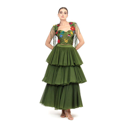 MODO CALDO Womens Embroidered Green Crop Top with Skirt and Cape