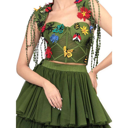 MODO CALDO Womens Embroidered Green Crop Top with Skirt and Cape