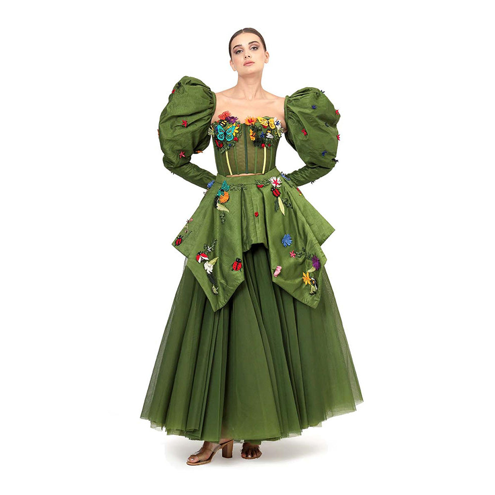MODO CALDO Womens Green Crop Top with Skirt and Peplum Pair Of Detachable Sleeves