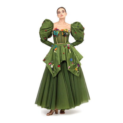 MODO CALDO Womens Green Crop Top with Skirt and Peplum Pair Of Detachable Sleeves