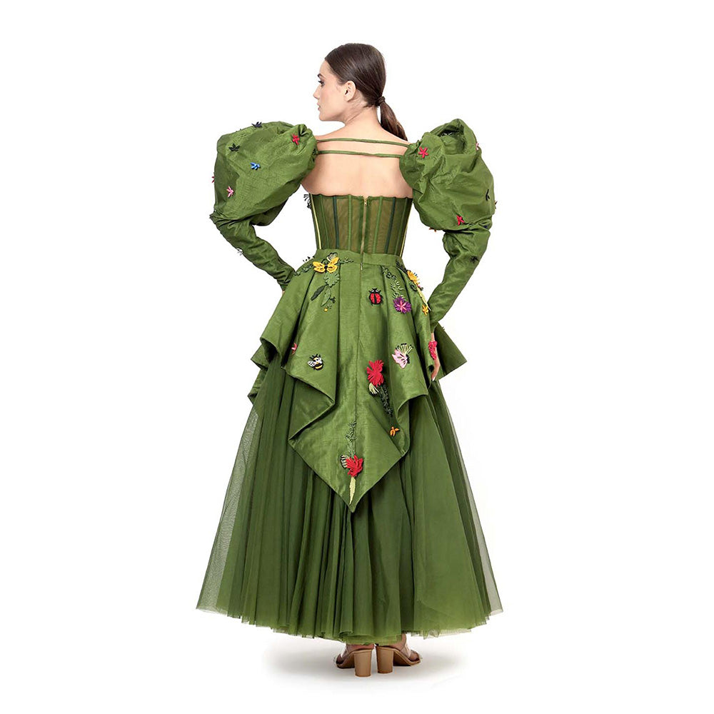 MODO CALDO Womens Green Crop Top with Skirt and Peplum Pair Of Detachable Sleeves