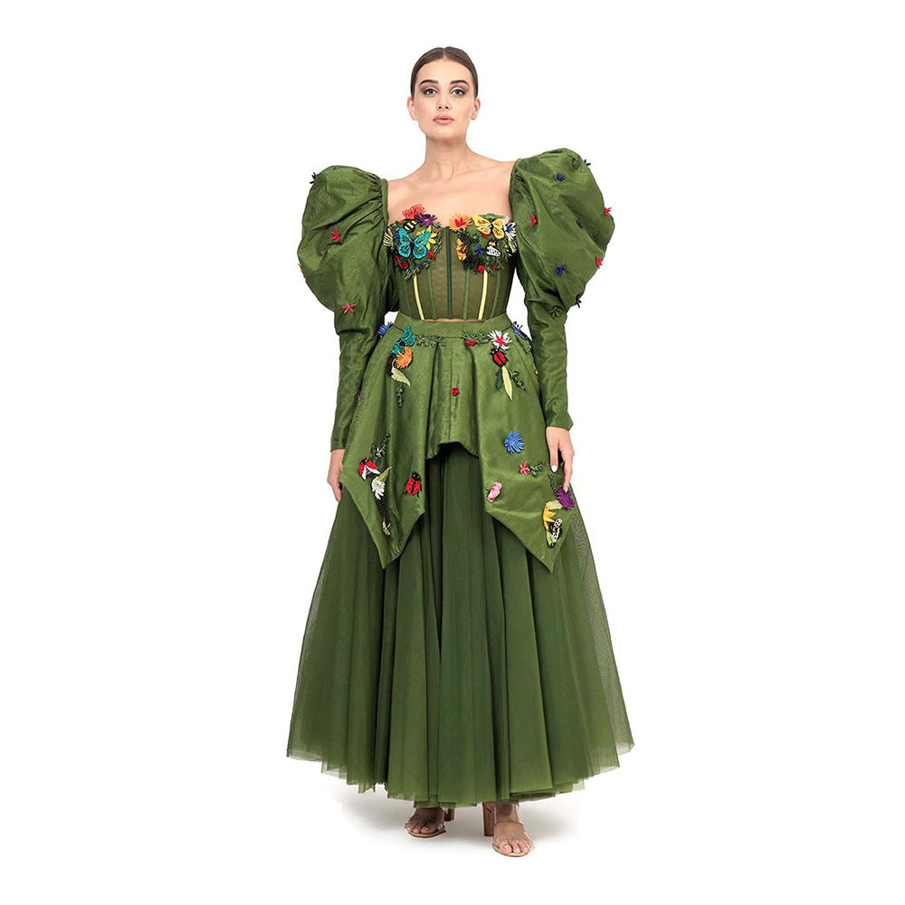 MODO CALDO Womens Green Crop Top with Skirt and Peplum Pair Of Detachable Sleeves