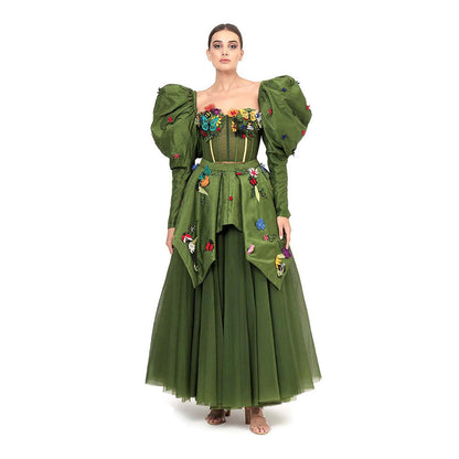 MODO CALDO Womens Green Crop Top with Skirt and Peplum Pair Of Detachable Sleeves