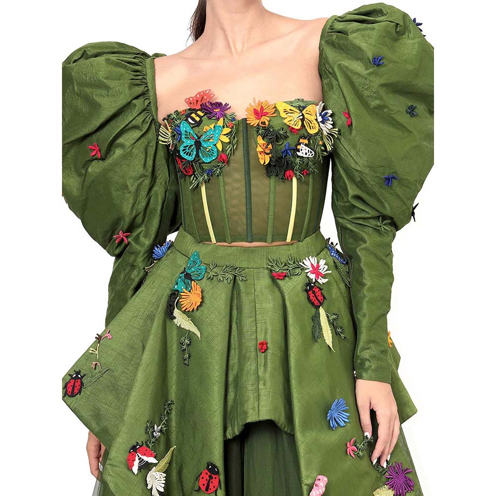 MODO CALDO Womens Green Crop Top with Skirt and Peplum Pair Of Detachable Sleeves