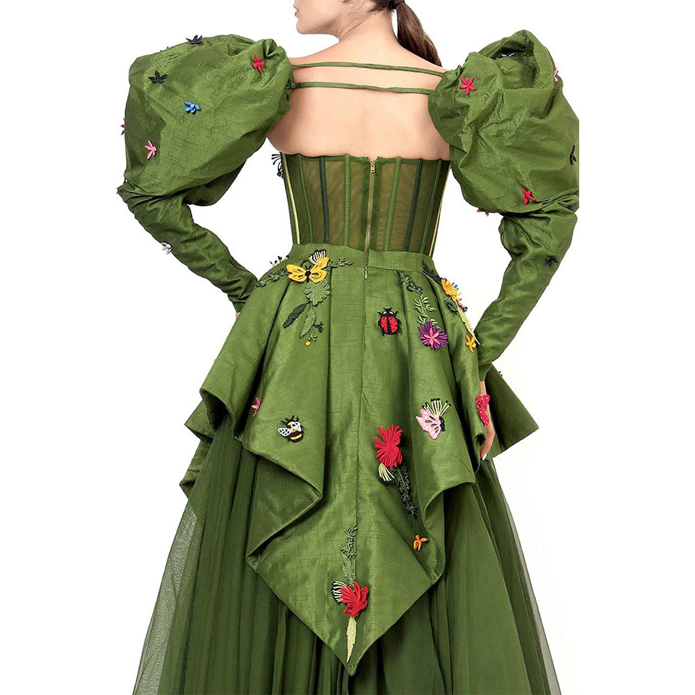 MODO CALDO Womens Green Crop Top with Skirt and Peplum Pair Of Detachable Sleeves