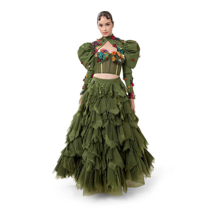 MODO CALDO Womens Embroidered Green Crop Top with Skirt and Cape