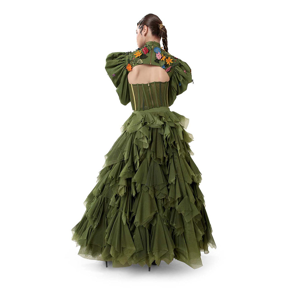 MODO CALDO Womens Embroidered Green Crop Top with Skirt and Cape