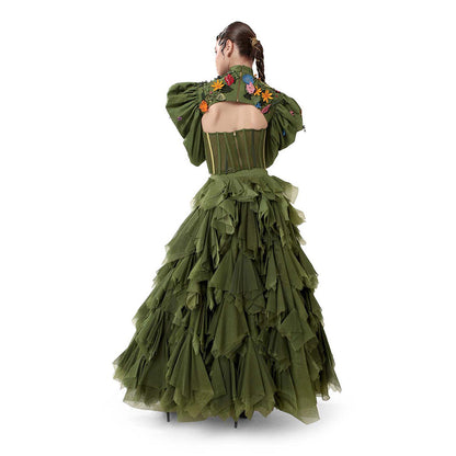 MODO CALDO Womens Embroidered Green Crop Top with Skirt and Cape