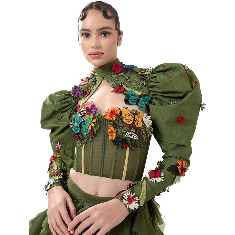 MODO CALDO Womens Embroidered Green Crop Top with Skirt and Cape