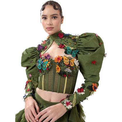 MODO CALDO Womens Embroidered Green Crop Top with Skirt and Cape
