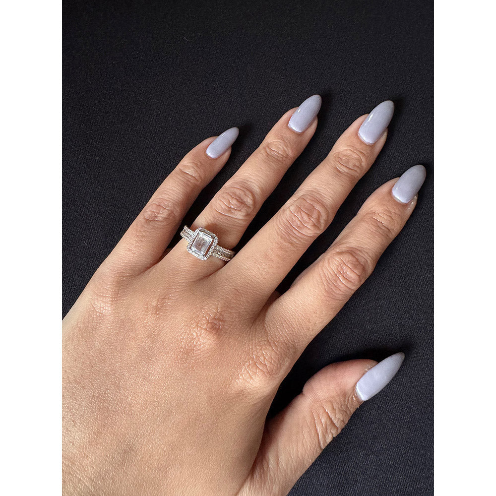 Mon Tresor Emerald Cut Dia With Halo And Half Dia Ring - White