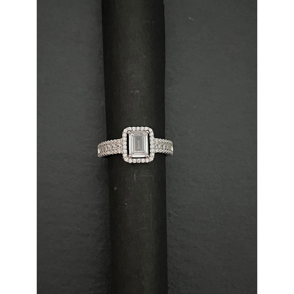 Mon Tresor Emerald Cut Dia With Halo And Half Dia Ring - White
