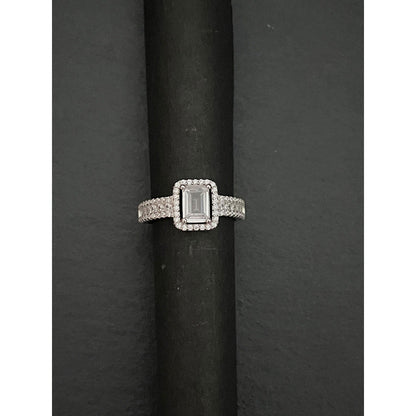 Mon Tresor Emerald Cut Dia With Halo And Half Dia Ring - White