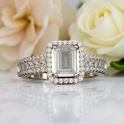 Mon Tresor Emerald Cut Dia With Halo And Half Dia Ring - White