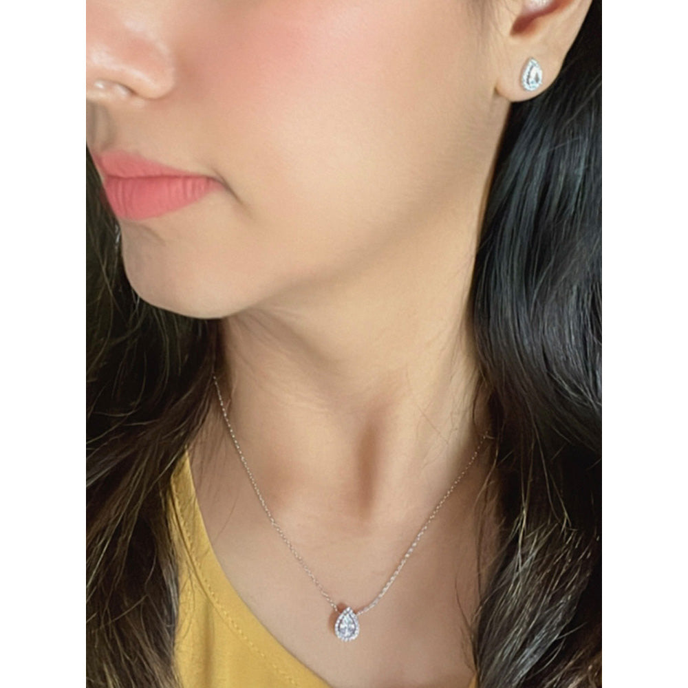 Mon Tresor Pear Solitaire Halo Pendant Necklace with Pair Of Earrings - White