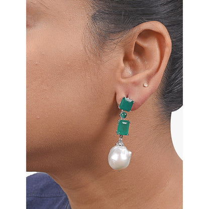 Mon Tresor Double Emerald Gemstones With Baroque Pearl Drop Earrings - Green