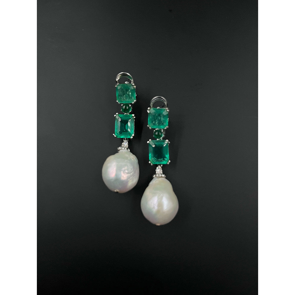 Mon Tresor Double Emerald Gemstones With Baroque Pearl Drop Earrings - Green